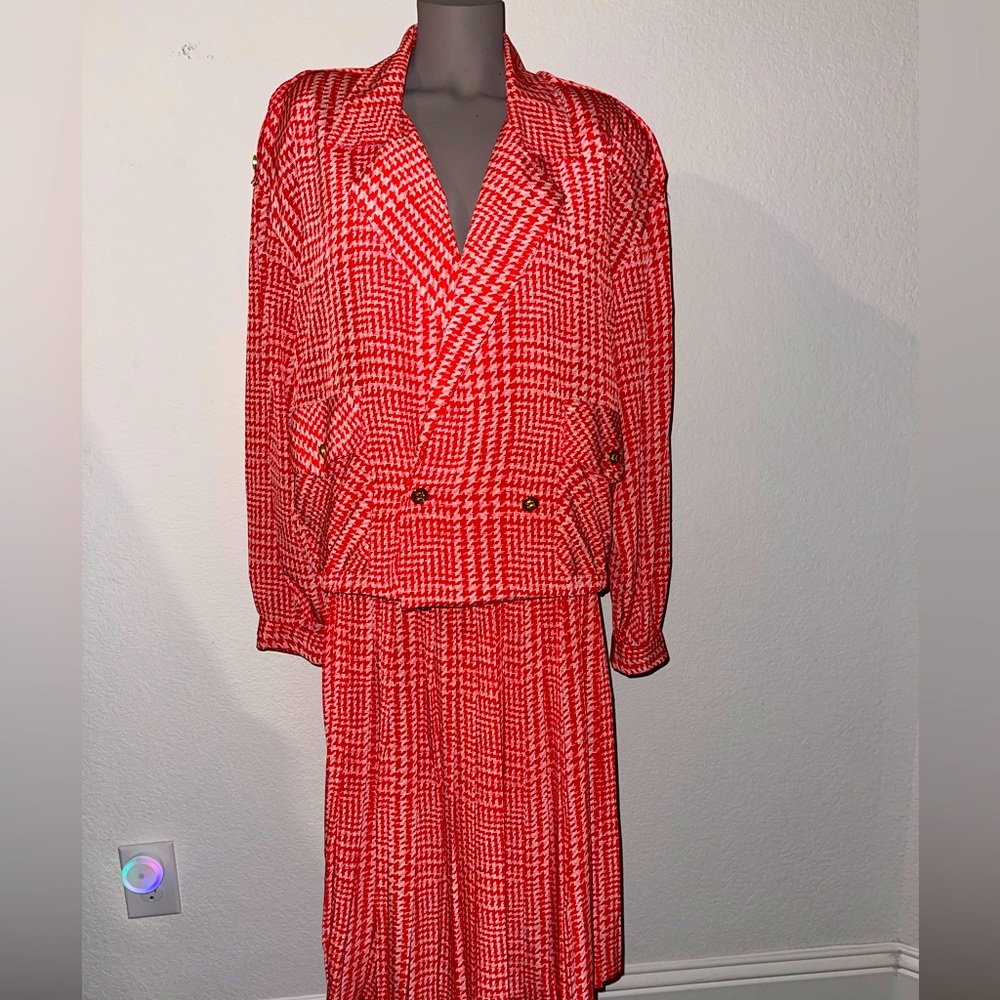 Vintage Andrea Gayle 2-Piece Skirt & Jacket Size 14 80's Red & white Abstract